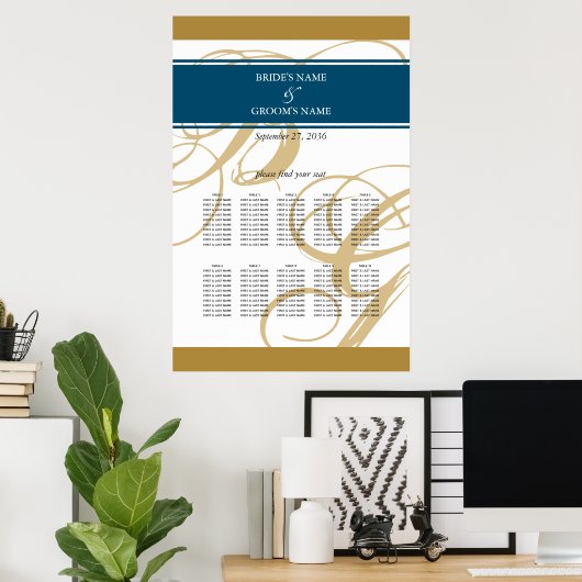 Gold Blue Elegante Monogram Seating Chart Poster (Heimbüro)
