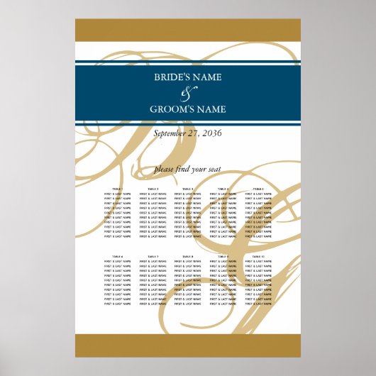 Gold Blue Elegante Monogram Seating Chart Poster (Vorne)