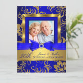 Gold Blue Floral Foto 50. Hochzeitstag Einladung (Stehend Vorderseite)