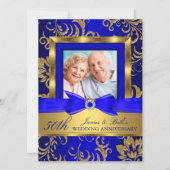 Gold Blue Floral Foto 50. Hochzeitstag Einladung (Vorderseite)