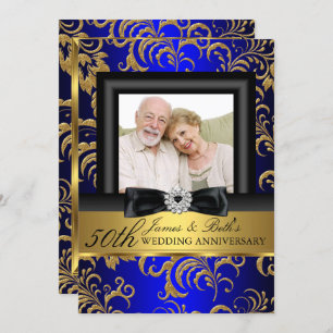 Gold Blue Floral Foto 50. Hochzeitstag Einladung