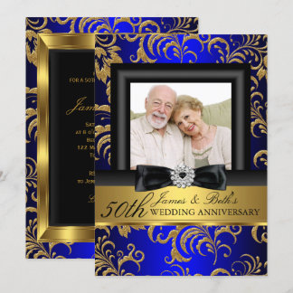 Gold Blue Floral Foto 50. Hochzeitstag Einladung