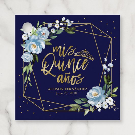 Gold Blue Floral Quinceanera Geschenkanhänger (Vorderseite)