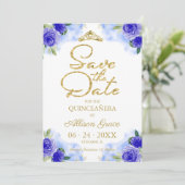 Gold Blue Floral Quinceanera Save the Date Einladung (Stehend Vorderseite)