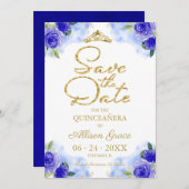 Gold Blue Floral Quinceanera Save the Date Einladung (Vorne/Hinten)