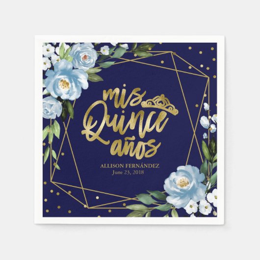 Gold Blue Floral Quinceanera Serviette (Vorderseite)