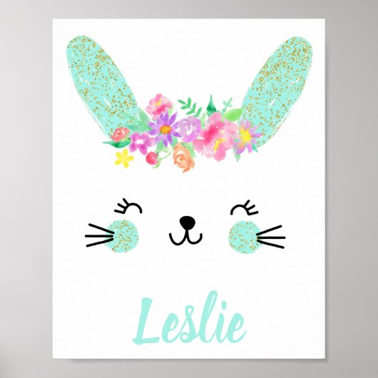 Gold Blue Floral Rabbit Kinderzimmer Poster Name (Vorne)