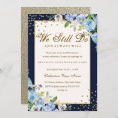 Gold Blue Floral Sparkle Vow Renewable Jubiläum Einladung (Vorne/Hinten)