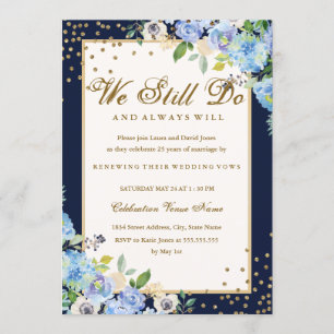 Gold Blue Floral Sparkle Vow Renewable Jubiläum Einladung