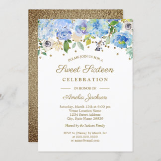Gold Blue Floral Watercolor 16 . Geburtstag Einlad Einladung