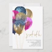 Gold Blue Fuchsia Glitzer Balloons 60. Geburtstag Einladung (Vorderseite)