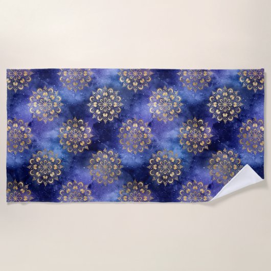 Gold & Blue Galaxy Dharma Mandala Muster Strandtuch (Vorderseite)