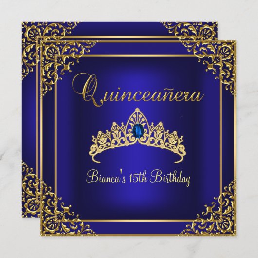 Gold & Blue Gem Tiara Quinceanera Einladung (Vorne/Hinten)