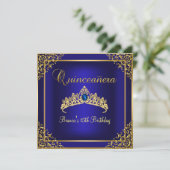 Gold & Blue Gem Tiara Quinceanera Einladung (Stehend Vorderseite)