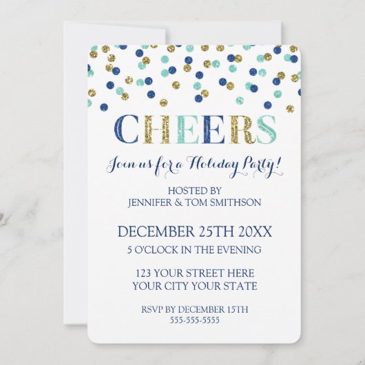 Gold Blue Glitzer Confetti Chefkoch Weihnachts-Par Einladung (Rückseite)