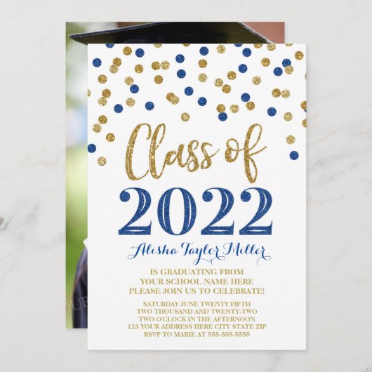 Gold Blue Glitzer Confetti Graduation Party 2022 Einladung (Vorne/Hinten)