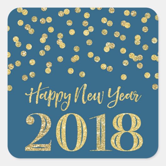Gold Blue Glitzer Confetti Happy Neues Jahr 2018 Quadratischer Aufkleber (Vorderseite)