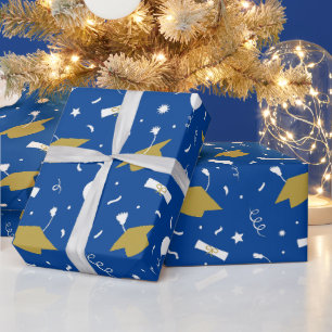 Gold Blue Graduation Cap Toss Wrapping Paper Geschenkpapier