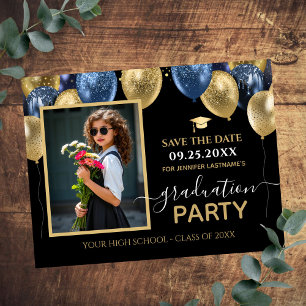 Gold Blue Graduation Party Foto Save the Date Postkarte