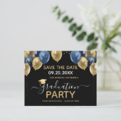 Gold Blue Graduation Party Save the Date Postcard Postkarte (Stehend Vorderseite)