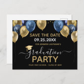 Gold Blue Graduation Party Save the Date Postcard Postkarte (Vorne/Hinten)