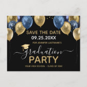 Gold Blue Graduation Party Save the Date Postcard Postkarte (Vorderseite)
