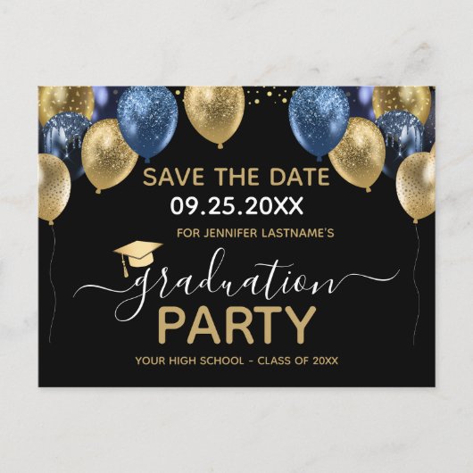 Gold Blue Graduation Party Save the Date Postcard Postkarte (Vorderseite)