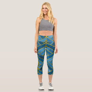 Gold Blue Grunge Muster Capri Leggings