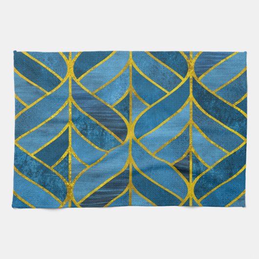 Gold Blue Grunge Muster Geschirrtuch (Horizontal)
