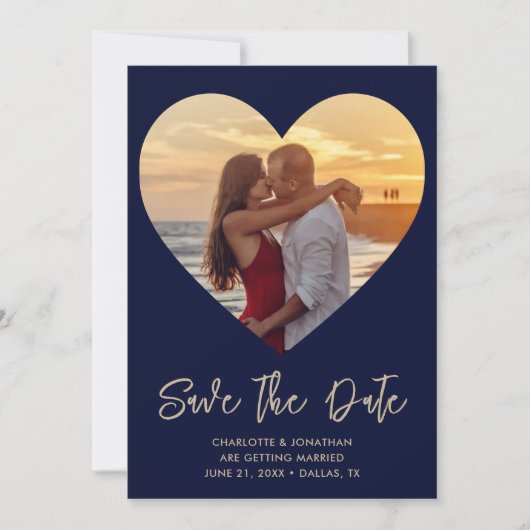 Gold & Blue Heart Cutout für Foto Hochzeit Save The Date (Vorderseite)