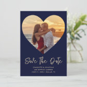 Gold & Blue Heart Cutout für Foto Hochzeit Save The Date (Stehend Vorderseite)