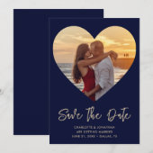 Gold & Blue Heart Cutout für Foto Hochzeit Save The Date (Vorne/Hinten)