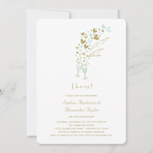 Gold Blue Hearts Champagne Cheers Chic Verlobung Einladung (Vorderseite)