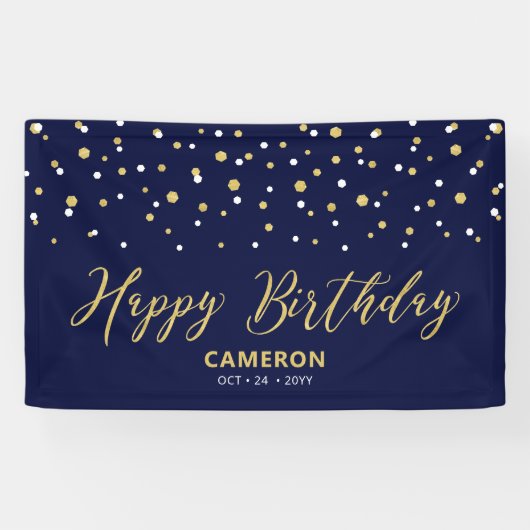 Gold Blue Hexagon Confetti Custom Happy Birthday Banner (Horizontal)