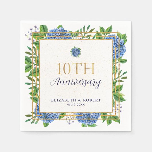 Gold Blue Hydrangea 10. Hochzeitstag Serviette (Vorderseite)