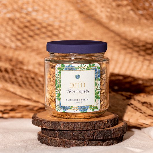 Gold Blue Hydrangea 20 Jahre Party zum Hochzeitsta Quadratischer Aufkleber