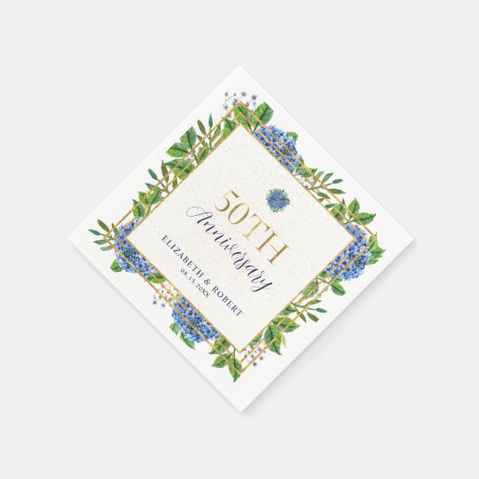 Gold Blue Hydrangea 50. Hochzeitstag Serviette (Ecke)