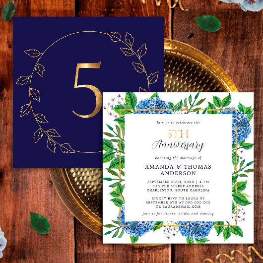 Gold Blue Hydrangea 5. Hochzeitstag Einladung