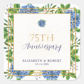 Gold Blue Hydrangea 75. Hochzeitstag Party Quadratischer Aufkleber (Vorderseite)