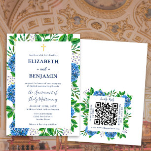 Gold Blue Hydrangeas QR Code Katholische Hochzeit Einladung