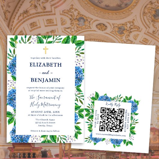 Gold Blue Hydrangeas QR Code Katholische Hochzeit Einladung