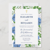 Gold Blue Hydrangeas QR Code Katholische Hochzeit Einladung (Vorderseite)