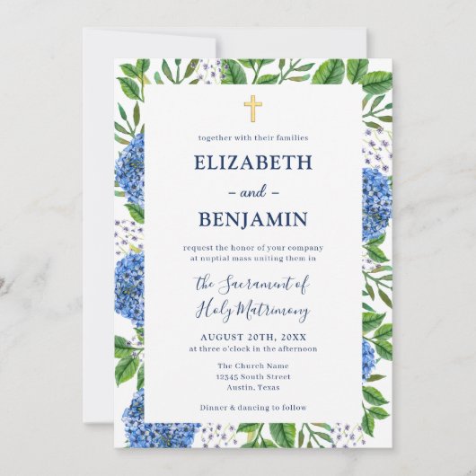 Gold Blue Hydrangeas QR Code Katholische Hochzeit Einladung (Vorderseite)