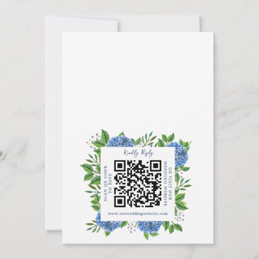 Gold Blue Hydrangeas QR Code Katholische Hochzeit Einladung (Rückseite)