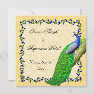 Gold Blue Indian Peacock Save the Date einladen