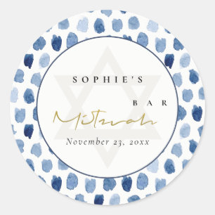 GOLD BLUE INDIGO WATERCOLOR DOTS BAR BAT MITZVAH RUNDER AUFKLEBER