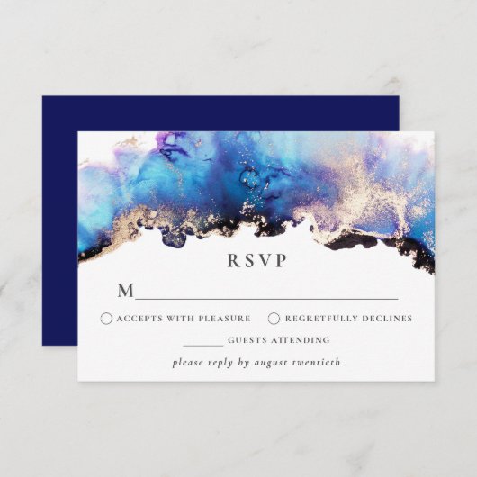 Gold Blue Lila RSVP Card Aquarellfarben Tinte (Vorne/Hinten)