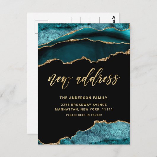 Gold Blue Marble Neue Ankündigung zur Adressenvers Postkarte (Vorne/Hinten)
