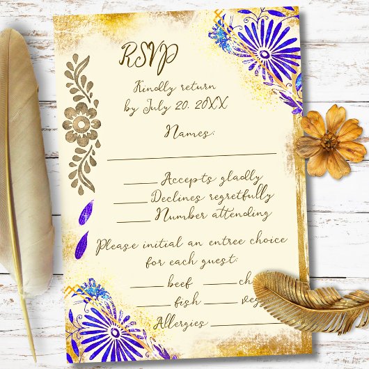 Gold & Blue Mexican Baroque Hummingbird Weddding RSVP Karte