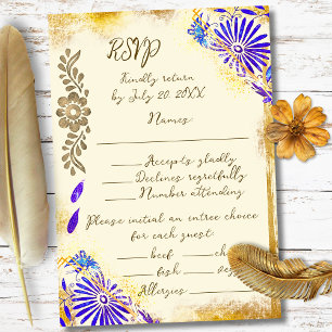 Gold & Blue Mexican Baroque Kolibri-Hochzeit RSVP Karte